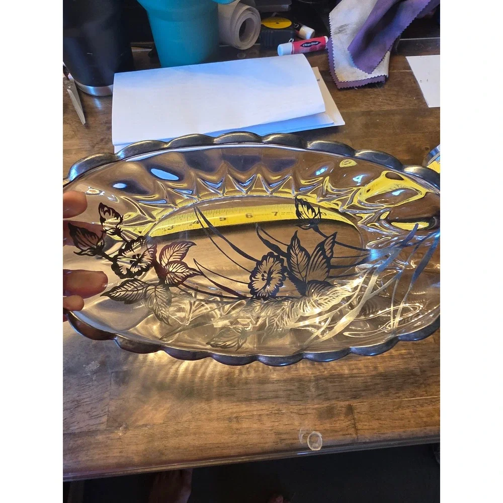 Vintage Silver Overlay Glass Oval Bowl Scalloped Floral Butterfly Serving Dish